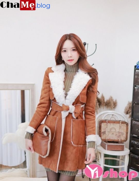 Áo khoác da lộn nữ dáng xòe đẹp kiểu Hàn Quốc ấm áp đông 2021 - 2022