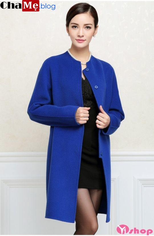 Áo khoác dạ nữ dáng dài đẹp màu xanh coban tươi sáng đông 2021 - 2021