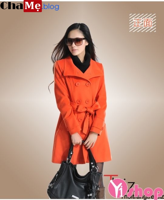 Áo khoác dạ nữ màu cam đẹp nổi bật ấm áp đông 2021 - 2022