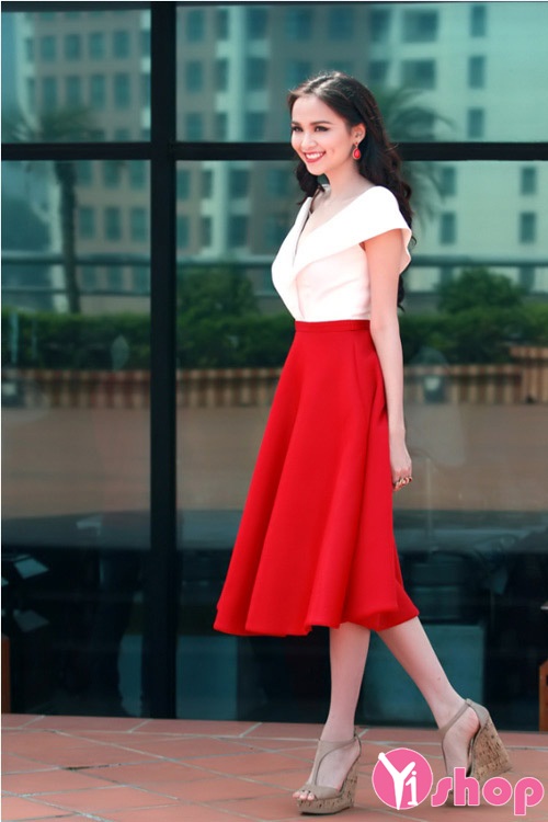 Chân váy đầm xòe màu đỏ đẹp cho nàng nổi bật nữ tính hè 2021 - 2021