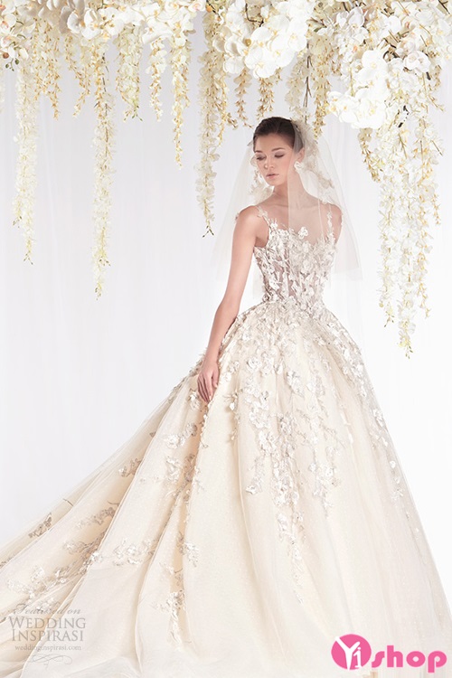 Váy đầm cưới xuyên thấu đính hoa 3D đẹp tinh tế nổi bật hè 2021 - 2022